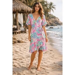 Lilly Pulitzer Isella Prosecco Pink Coral Reef Wrap Dress Flutter Sleeve Small
